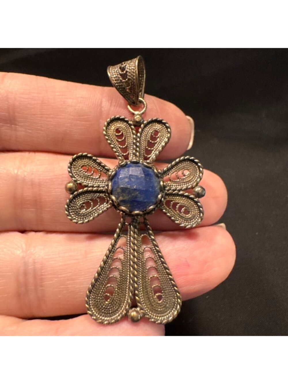 Sterling Silver 925 Lapis Lazuli Budded Cross Pendant Size 1.25" Length